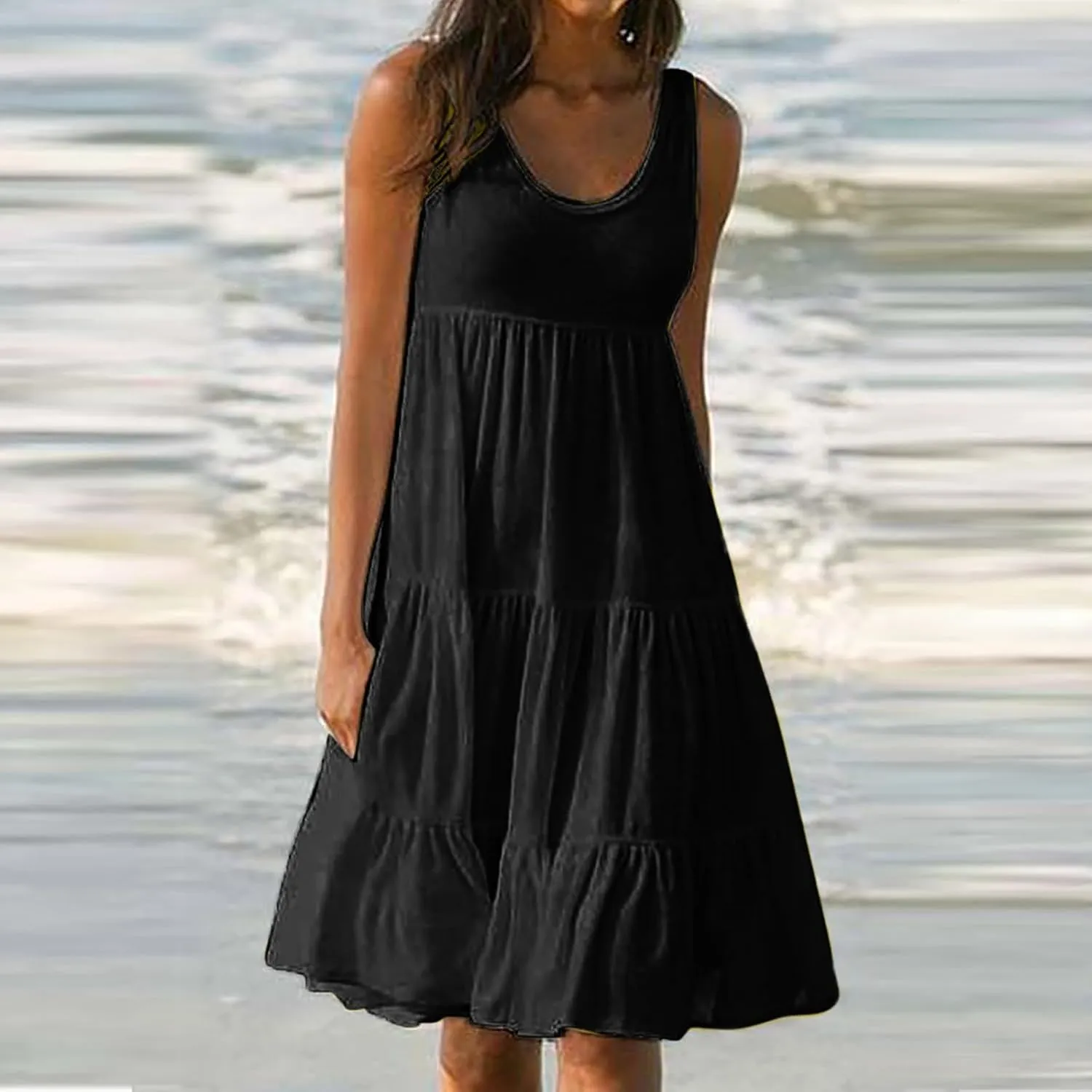 Womens Summer Dresses Casual Elegant Smocked Tiered Ruffle Beach Sundress Fashion Sleeveless Solid Tank Dress 2024