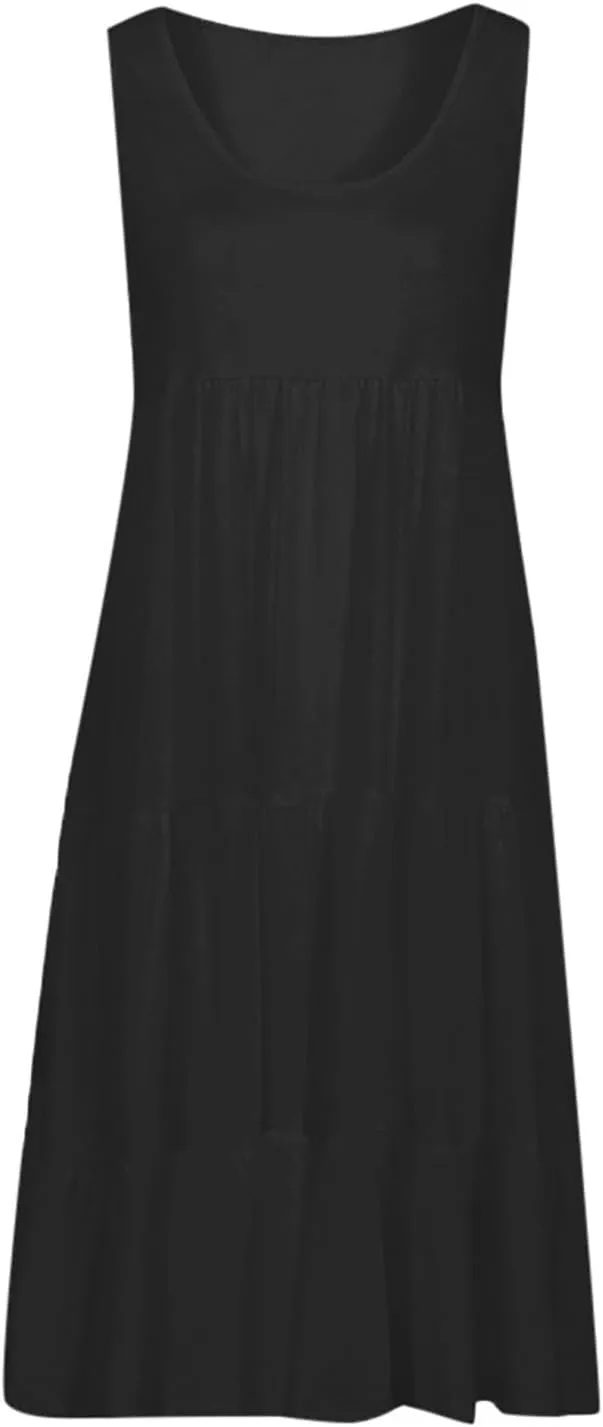 Womens Summer Dresses Casual Elegant Smocked Tiered Ruffle Beach Sundress Fashion Sleeveless Solid Tank Dress 2024