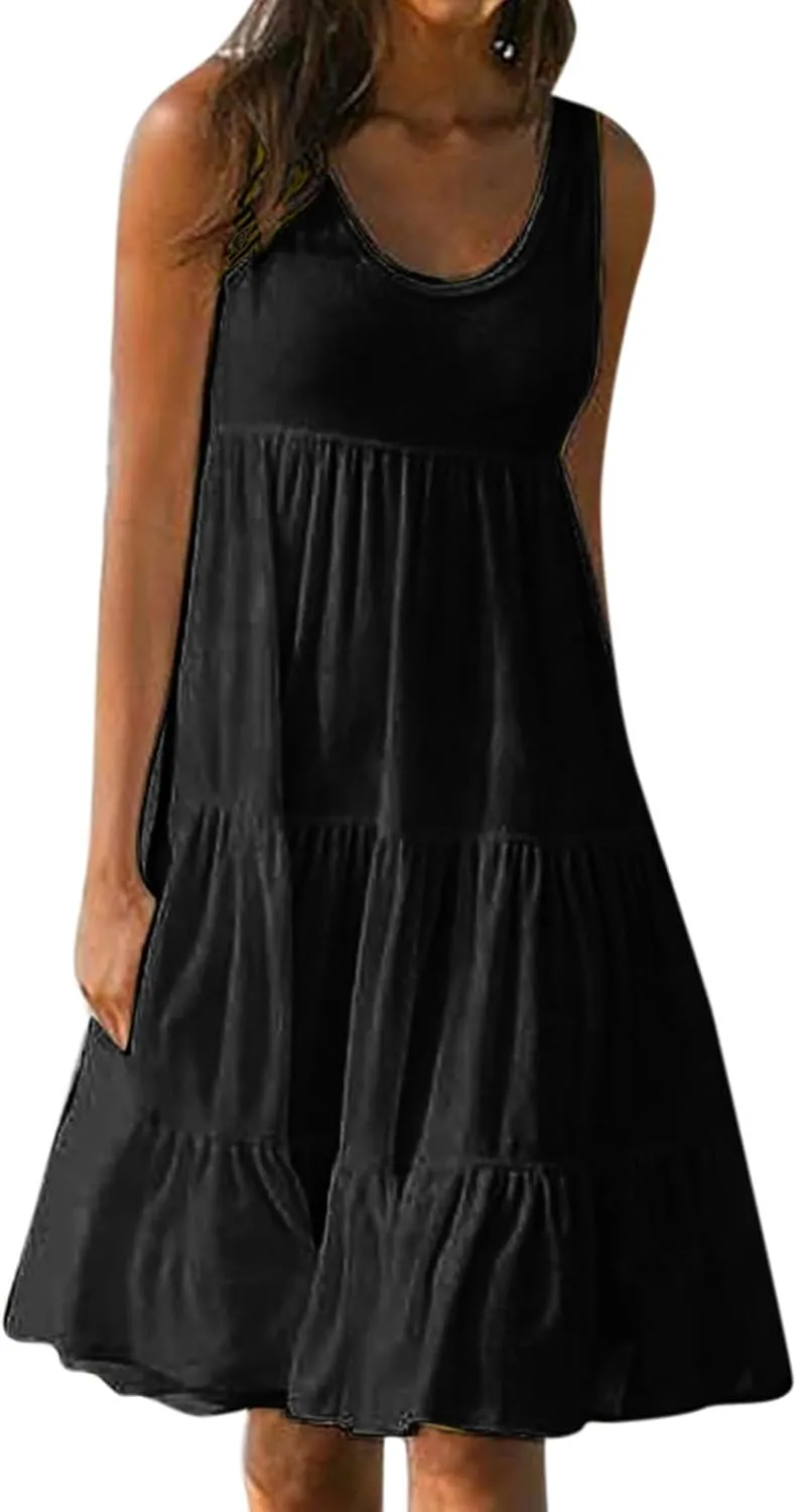 Womens Summer Dresses Casual Elegant Smocked Tiered Ruffle Beach Sundress Fashion Sleeveless Solid Tank Dress 2024