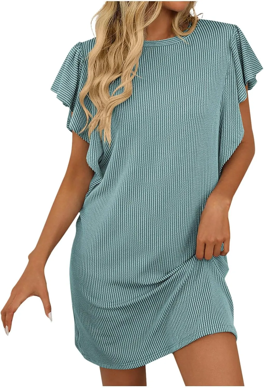 Womens Summer Dresses Casual Ruffle Sleeve Striped Printed Mini Dress 2025 Fashion Crew Neck Loose Fit Dresses