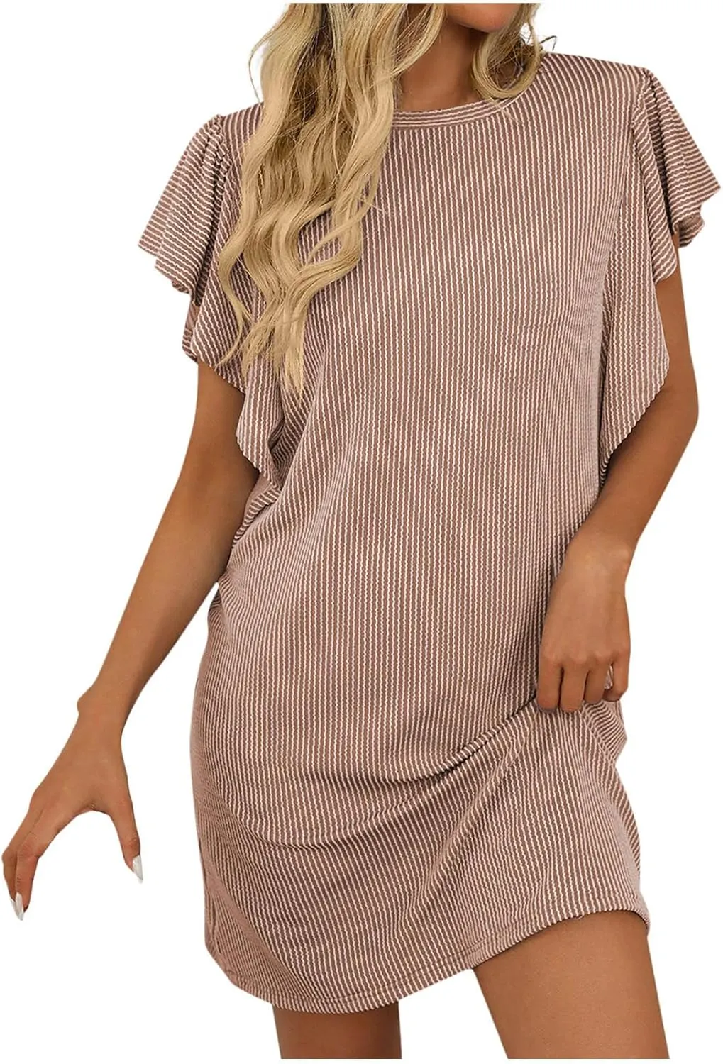 Womens Summer Dresses Casual Ruffle Sleeve Striped Printed Mini Dress 2025 Fashion Crew Neck Loose Fit Dresses