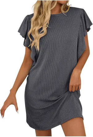 Womens Summer Dresses Casual Ruffle Sleeve Striped Printed Mini Dress 2025 Fashion Crew Neck Loose Fit Dresses