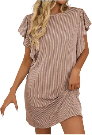 Womens Summer Dresses Casual Ruffle Sleeve Striped Printed Mini Dress 2025 Fashion Crew Neck Loose Fit Dresses