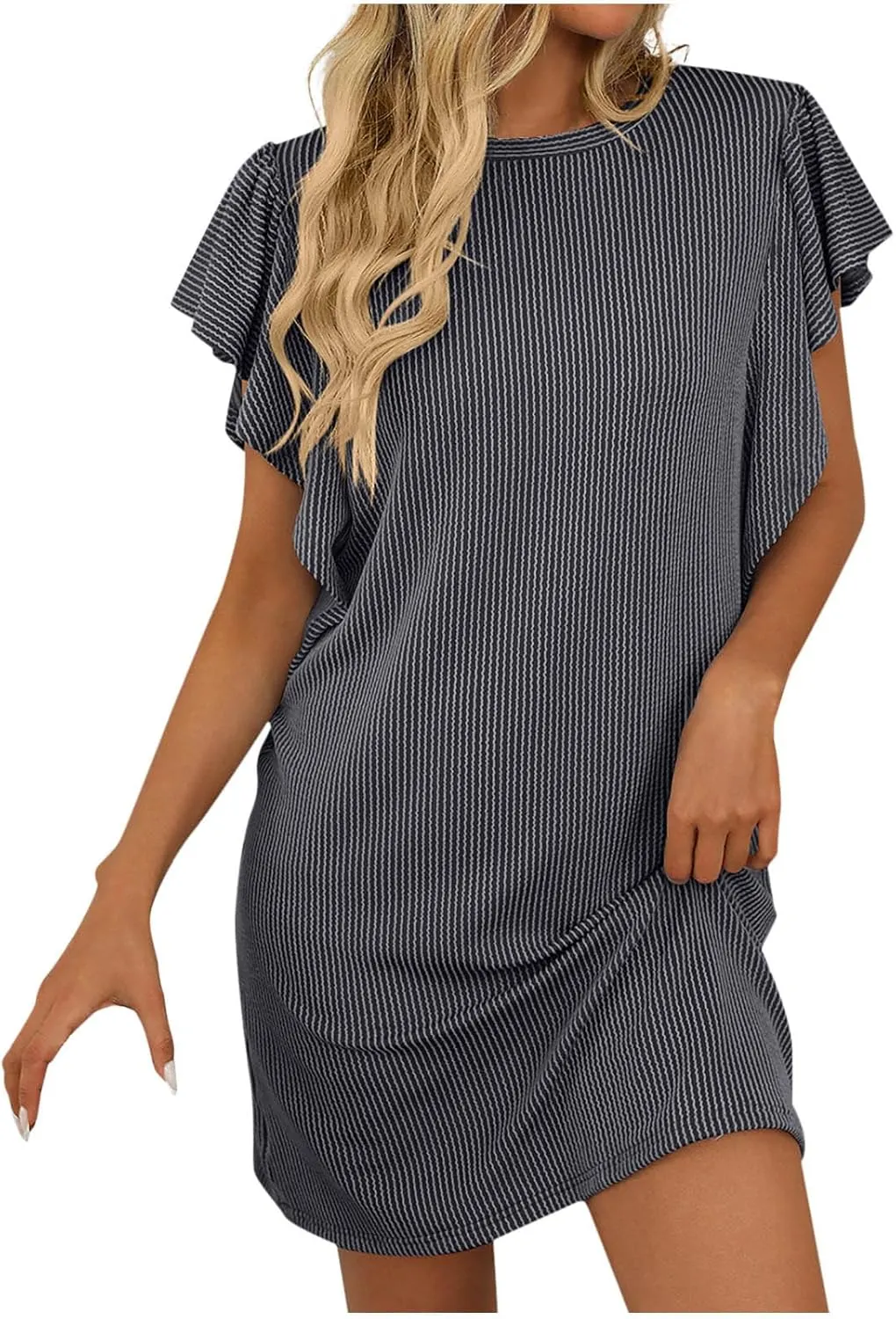 Womens Summer Dresses Casual Ruffle Sleeve Striped Printed Mini Dress 2025 Fashion Crew Neck Loose Fit Dresses