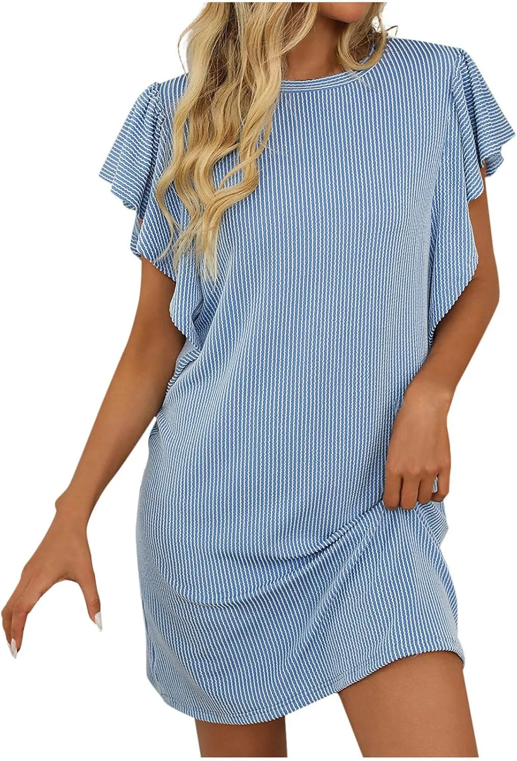 Womens Summer Dresses Casual Ruffle Sleeve Striped Printed Mini Dress 2025 Fashion Crew Neck Loose Fit Dresses