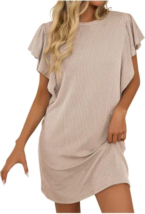 Womens Summer Dresses Casual Ruffle Sleeve Striped Printed Mini Dress 2025 Fashion Crew Neck Loose Fit Dresses