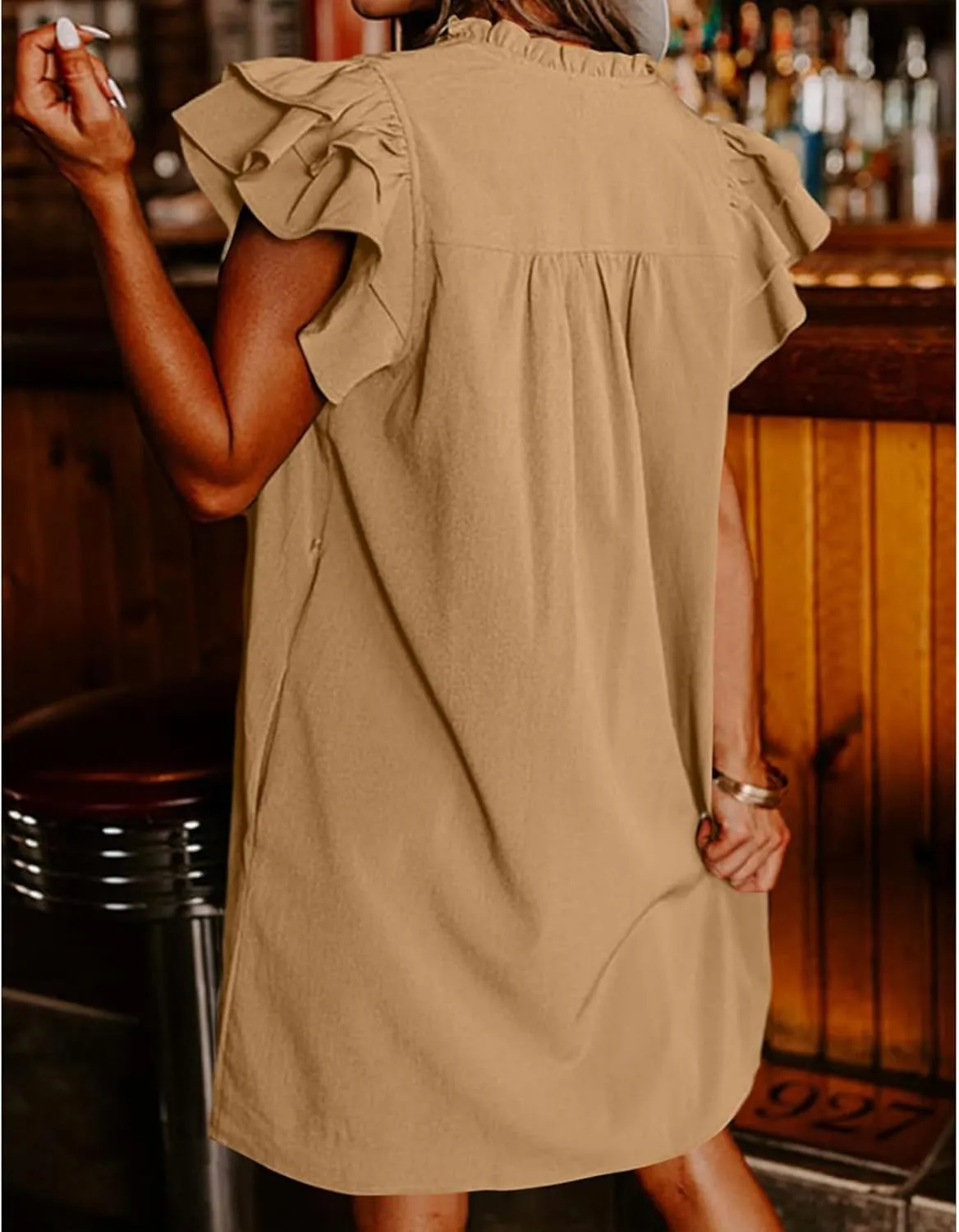 Womens Summer Dresses Casual V Neck Ruffle Cap Short Sleeve Mini Dress Smocked A Line Flowy Sundress with Pockets