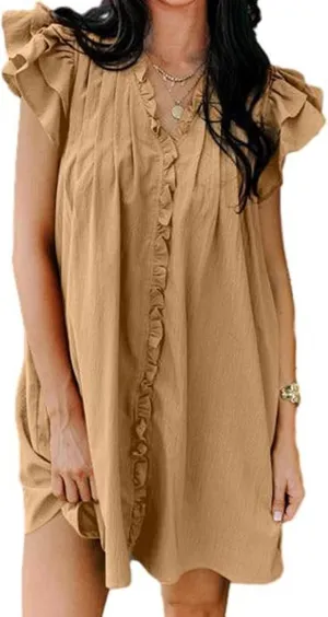 Womens Summer Dresses Casual V Neck Ruffle Cap Short Sleeve Mini Dress Smocked A Line Flowy Sundress with Pockets