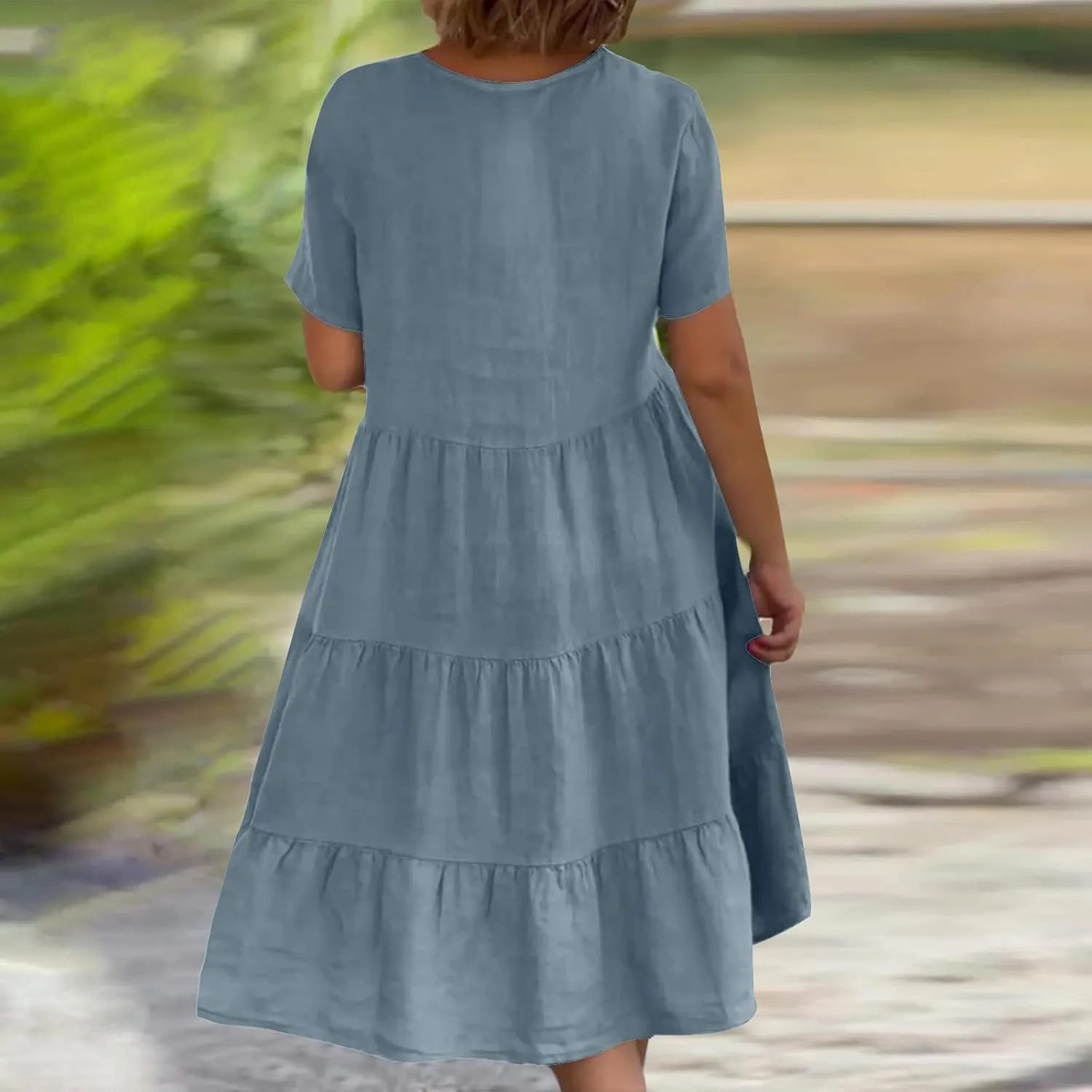 Womens Summer Dresses Casual V-Neck Short Sleeve Flowy Mini Dress Trendy Solid A-Line Ruffle Tiered Swing Dresses
