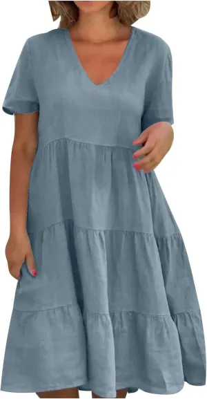 Womens Summer Dresses Casual V-Neck Short Sleeve Flowy Mini Dress Trendy Solid A-Line Ruffle Tiered Swing Dresses