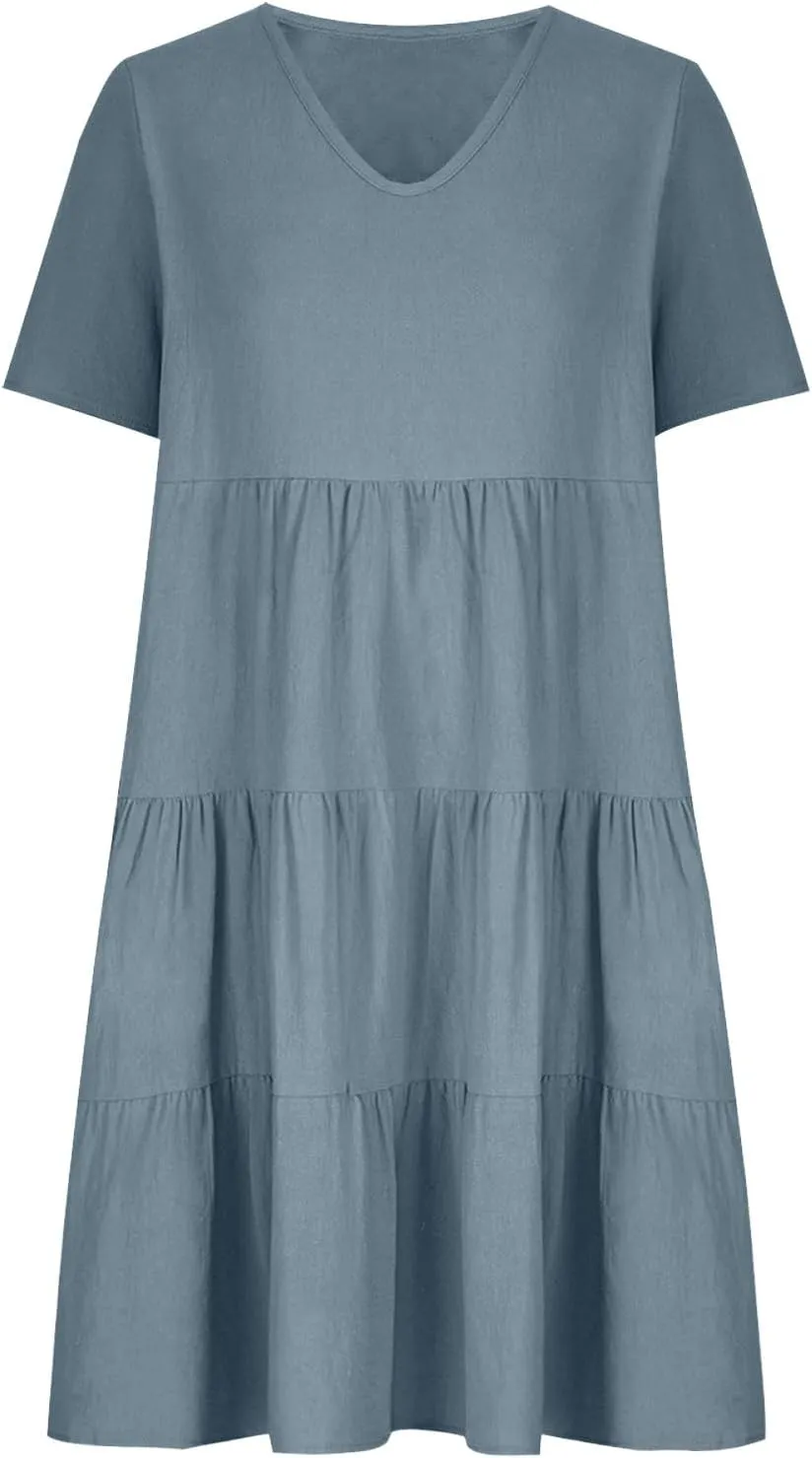 Womens Summer Dresses Casual V-Neck Short Sleeve Flowy Mini Dress Trendy Solid A-Line Ruffle Tiered Swing Dresses