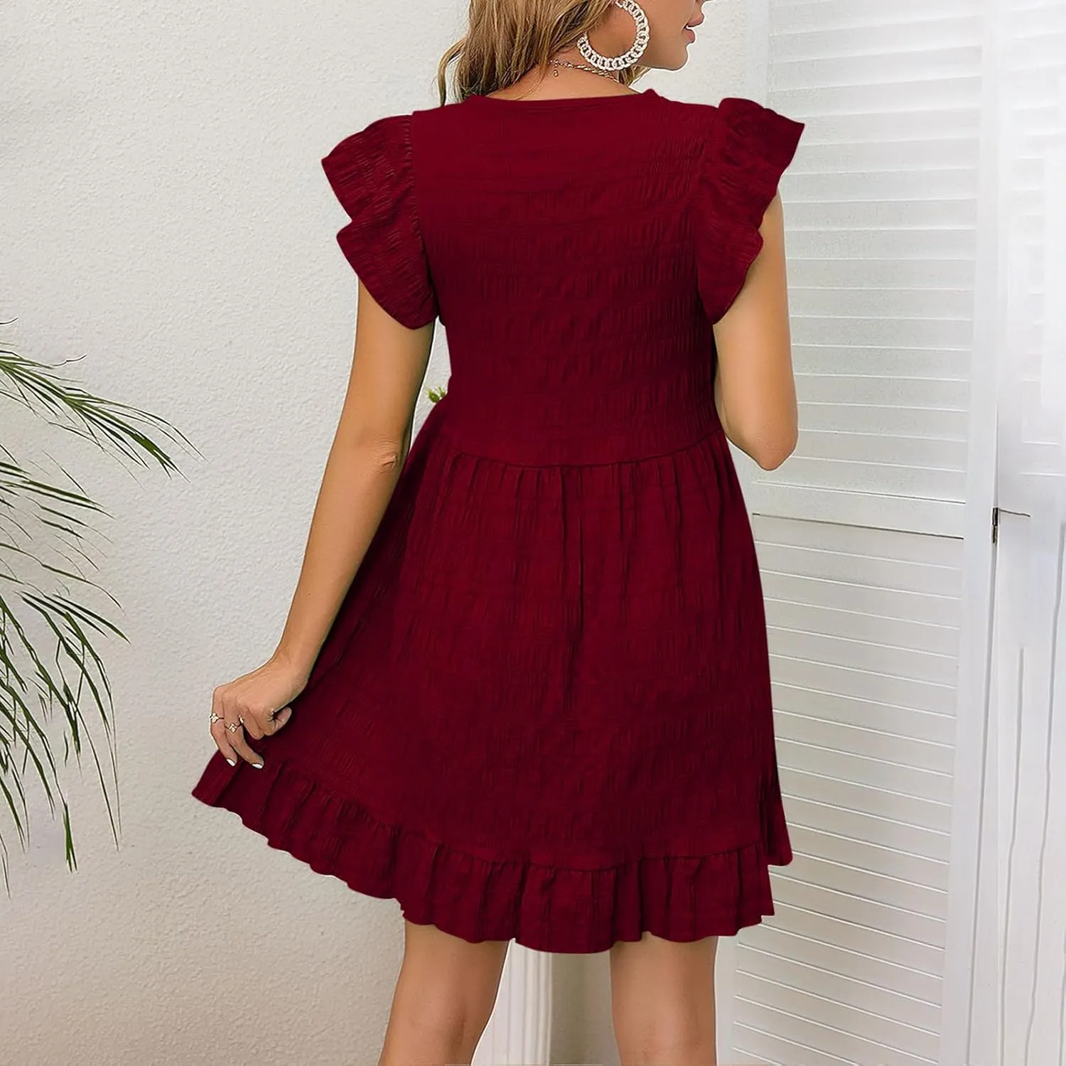 Women's Summer Dresses Fashion Ruffle Cap Sleeve V Neck Mini Dresses Holiday Beach Dress Flowy Hem Boho Dress