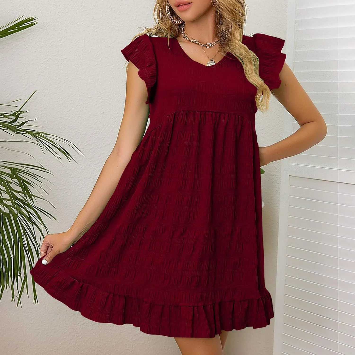Women's Summer Dresses Fashion Ruffle Cap Sleeve V Neck Mini Dresses Holiday Beach Dress Flowy Hem Boho Dress