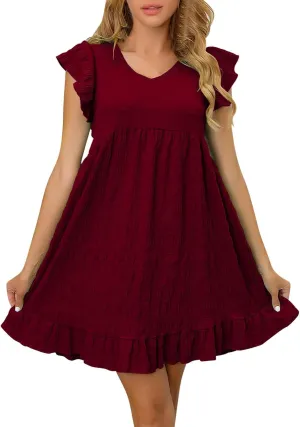 Women's Summer Dresses Fashion Ruffle Cap Sleeve V Neck Mini Dresses Holiday Beach Dress Flowy Hem Boho Dress