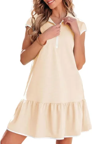 Womens Summer Dresses Half Zip Polo Mini Dress Colorblock Cap Sleeve Tshirt Dress Ruffle Hem Athletic Tennis Dresses