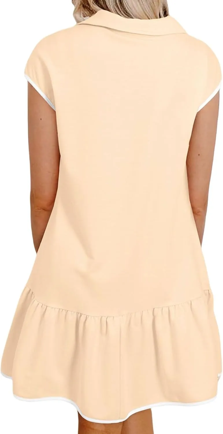 Womens Summer Dresses Half Zip Polo Mini Dress Colorblock Cap Sleeve Tshirt Dress Ruffle Hem Athletic Tennis Dresses