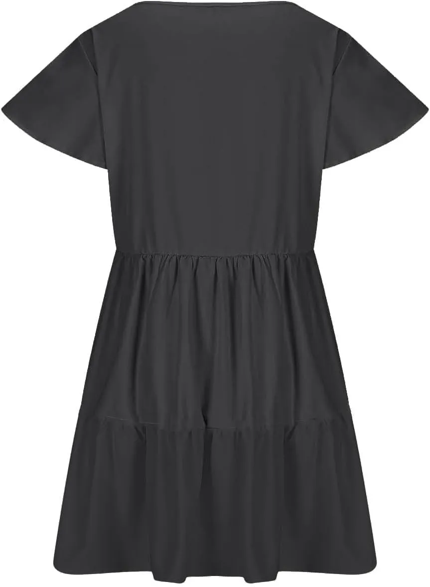 Womens Summer Dresses Ruffle Sleeve Crew Keyhole Neck Mini Dress Solid Loose Short Layered Mini Babydoll Dress