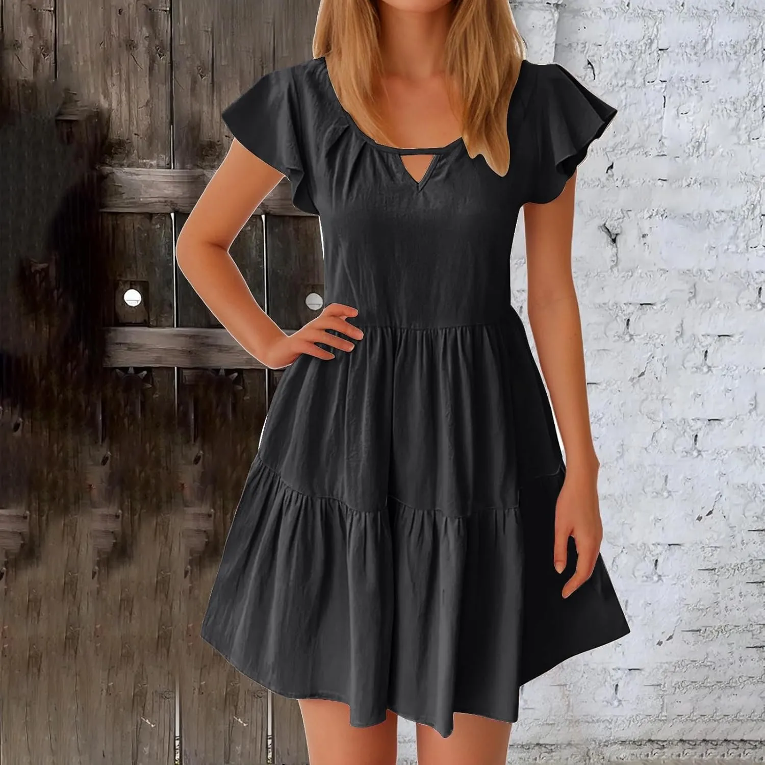 Womens Summer Dresses Ruffle Sleeve Crew Keyhole Neck Mini Dress Solid Loose Short Layered Mini Babydoll Dress