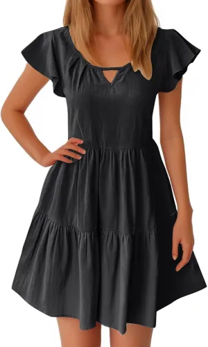 Womens Summer Dresses Ruffle Sleeve Crew Keyhole Neck Mini Dress Solid Loose Short Layered Mini Babydoll Dress