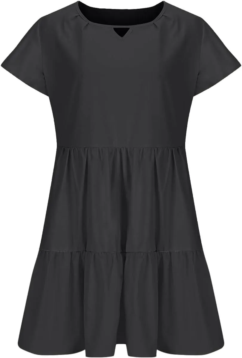 Womens Summer Dresses Ruffle Sleeve Crew Keyhole Neck Mini Dress Solid Loose Short Layered Mini Babydoll Dress