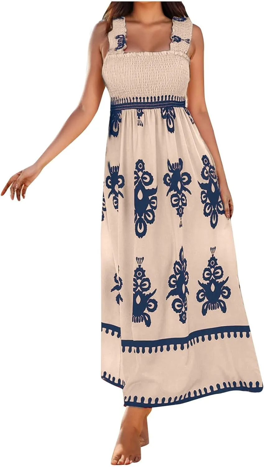 Women's Summer Dresses Sleeveless Casual Boho Maxi Long Dress Square Neck Smocked Floral Beach Vacation Sundresses 3