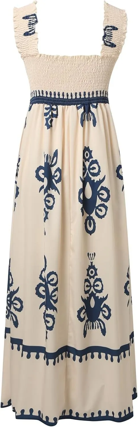 Women's Summer Dresses Sleeveless Casual Boho Maxi Long Dress Square Neck Smocked Floral Beach Vacation Sundresses 3