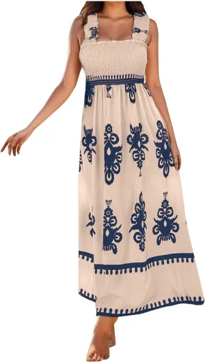 Women's Summer Dresses Sleeveless Casual Boho Maxi Long Dress Square Neck Smocked Floral Beach Vacation Sundresses 3