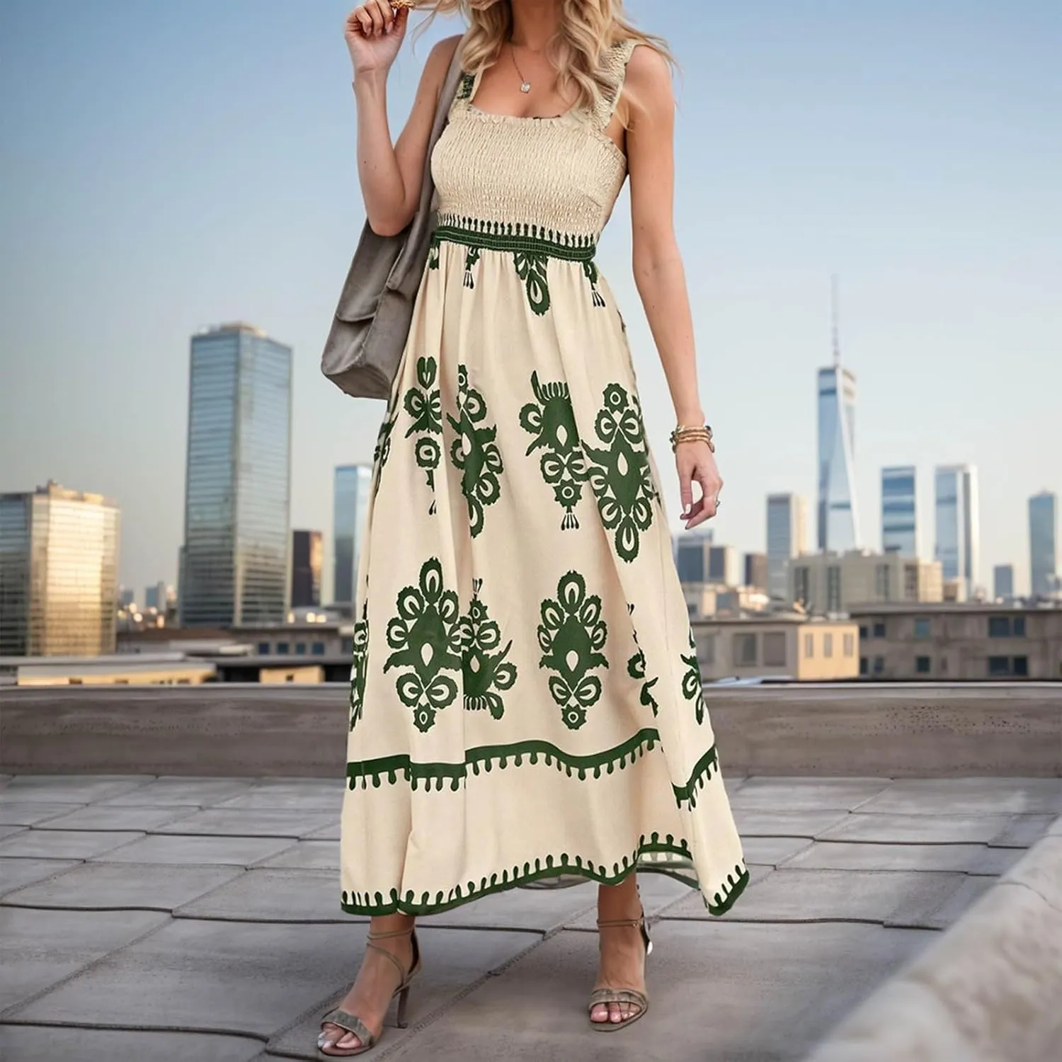 Women's Summer Dresses Sleeveless Casual Boho Maxi Long Dress Square Neck Smocked Floral Beach Vacation Sundresses 3
