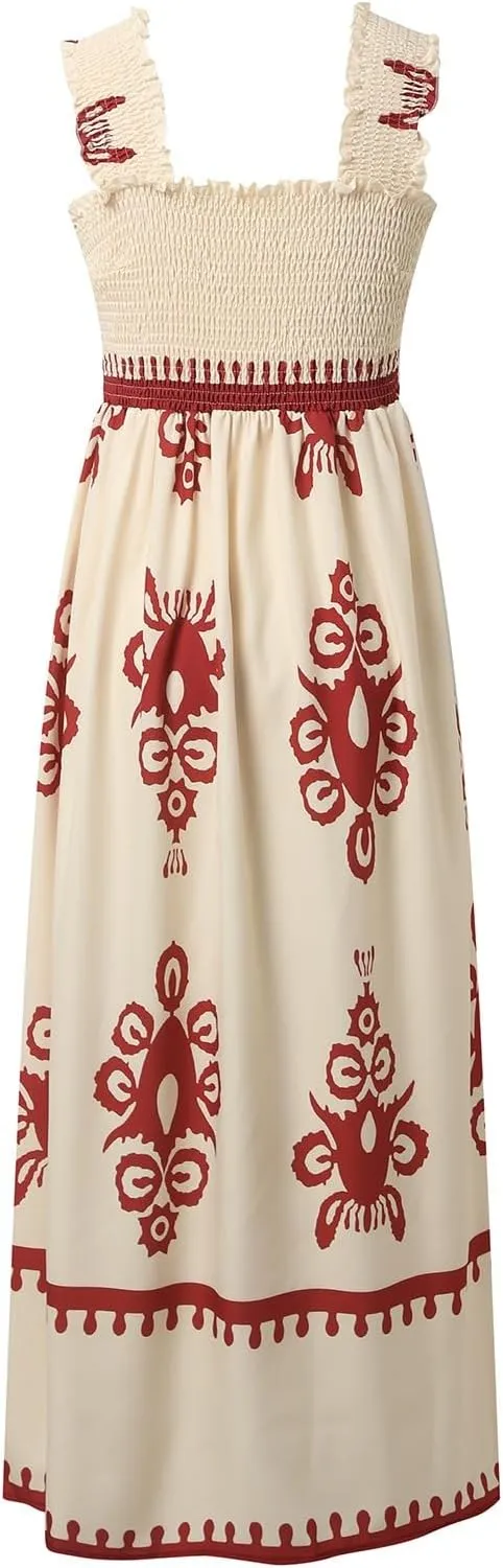 Women's Summer Dresses Sleeveless Casual Boho Maxi Long Dress Square Neck Smocked Floral Beach Vacation Sundresses 3