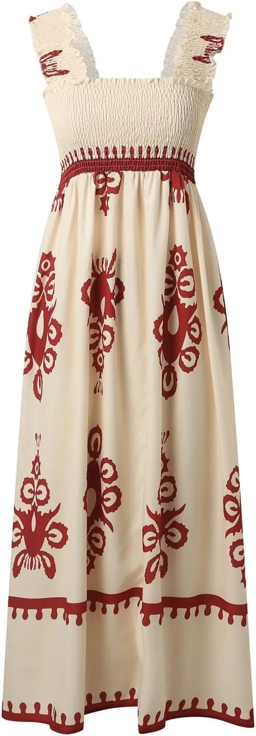 Women's Summer Dresses Sleeveless Casual Boho Maxi Long Dress Square Neck Smocked Floral Beach Vacation Sundresses 3