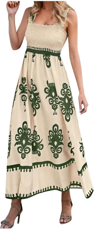 Women's Summer Dresses Sleeveless Casual Boho Maxi Long Dress Square Neck Smocked Floral Beach Vacation Sundresses 3