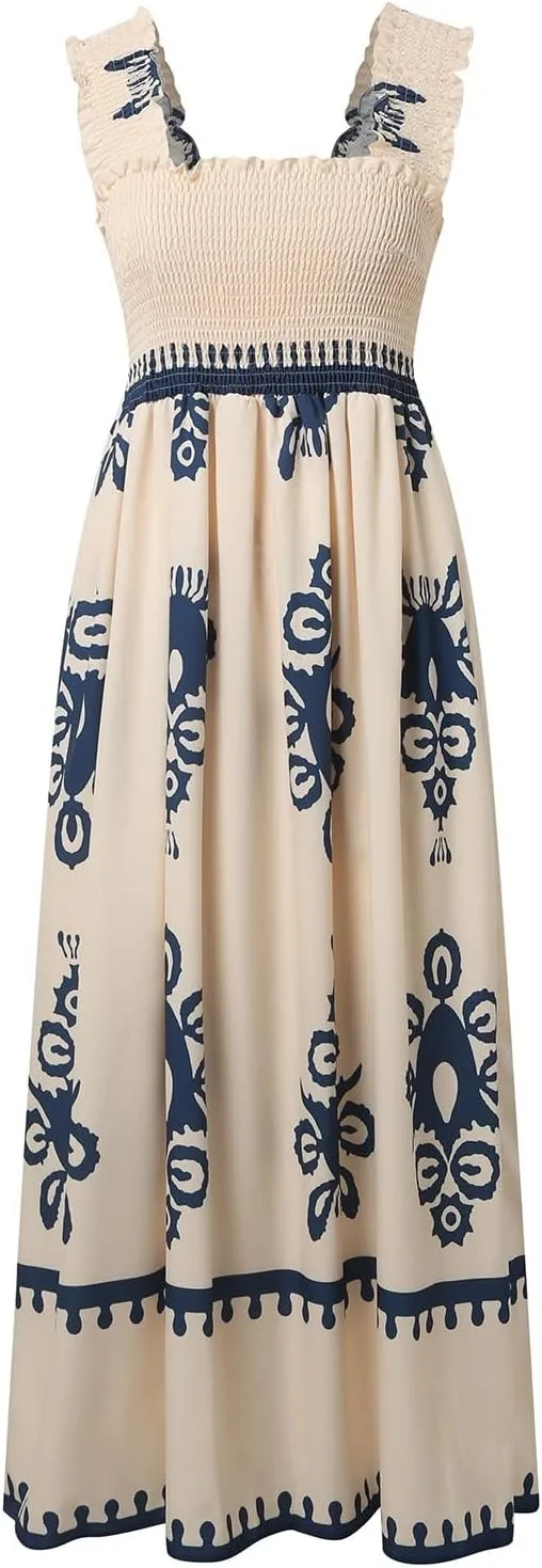 Women's Summer Dresses Sleeveless Casual Boho Maxi Long Dress Square Neck Smocked Floral Beach Vacation Sundresses 3
