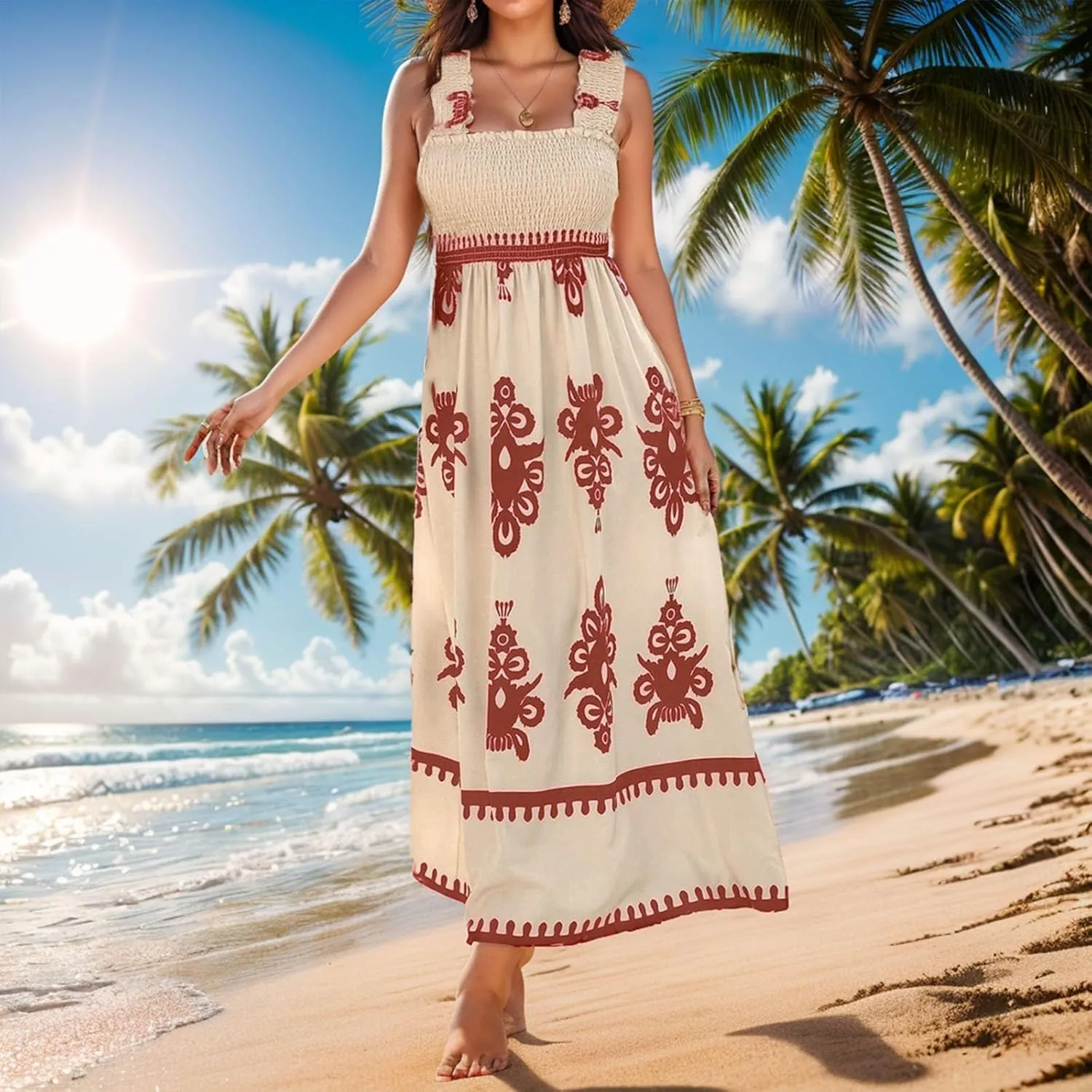 Women's Summer Dresses Sleeveless Casual Boho Maxi Long Dress Square Neck Smocked Floral Beach Vacation Sundresses 3