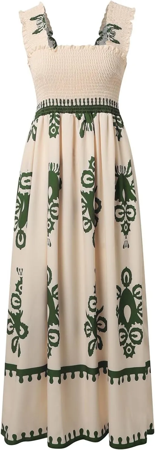 Women's Summer Dresses Sleeveless Casual Boho Maxi Long Dress Square Neck Smocked Floral Beach Vacation Sundresses 3