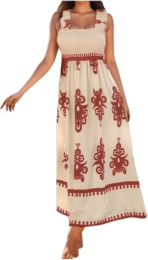 Women's Summer Dresses Sleeveless Casual Boho Maxi Long Dress Square Neck Smocked Floral Beach Vacation Sundresses 3
