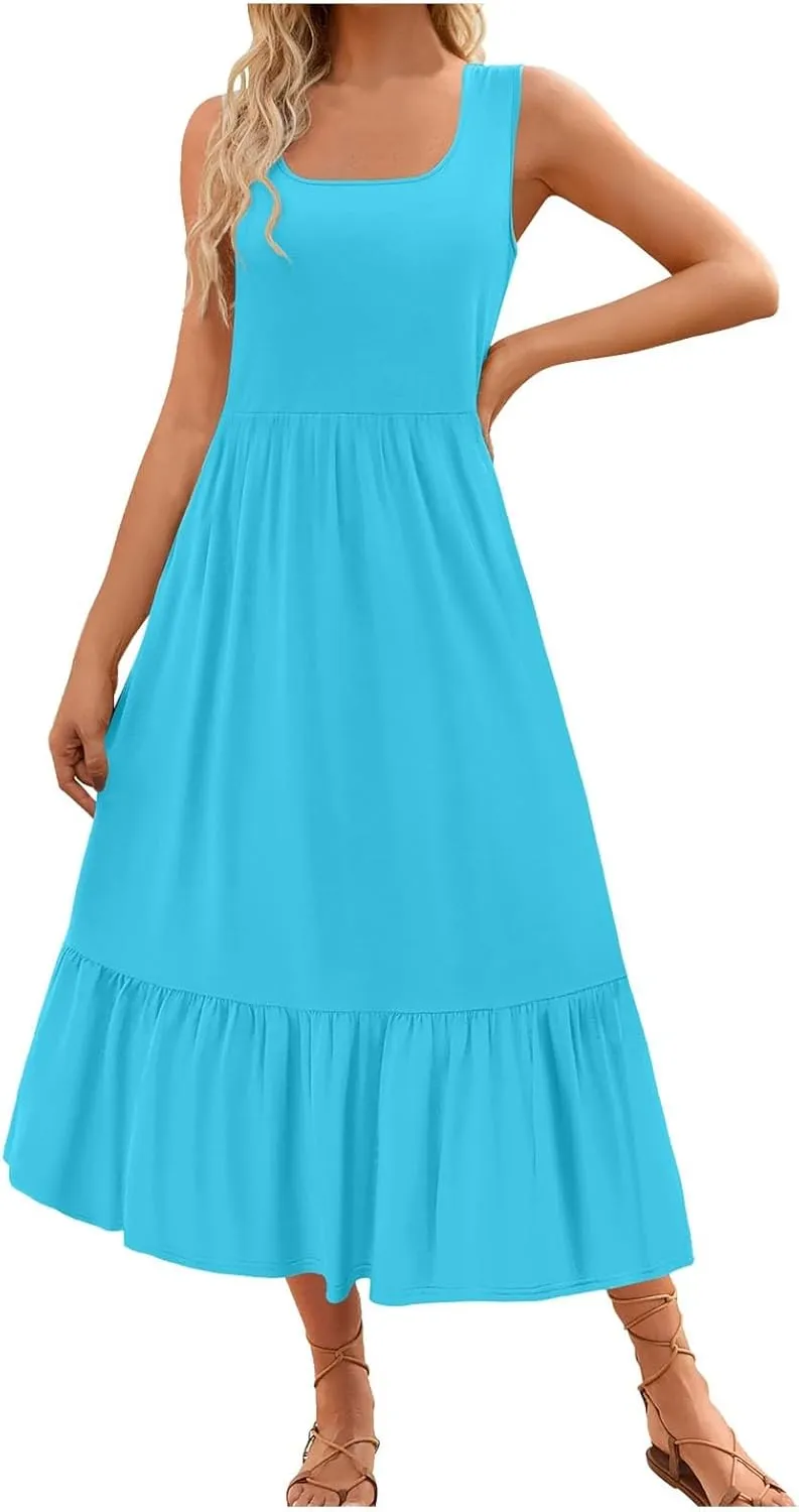 Women's Summer Dresses Sleeveless Casual Boho Maxi Long Dress Square Neck Smocked Floral Beach Vacation Sundresses 4