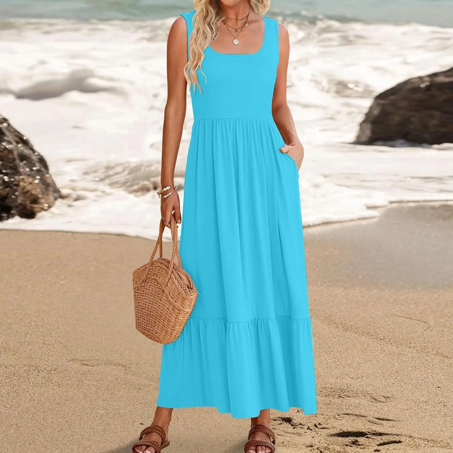 Women's Summer Dresses Sleeveless Casual Boho Maxi Long Dress Square Neck Smocked Floral Beach Vacation Sundresses 4