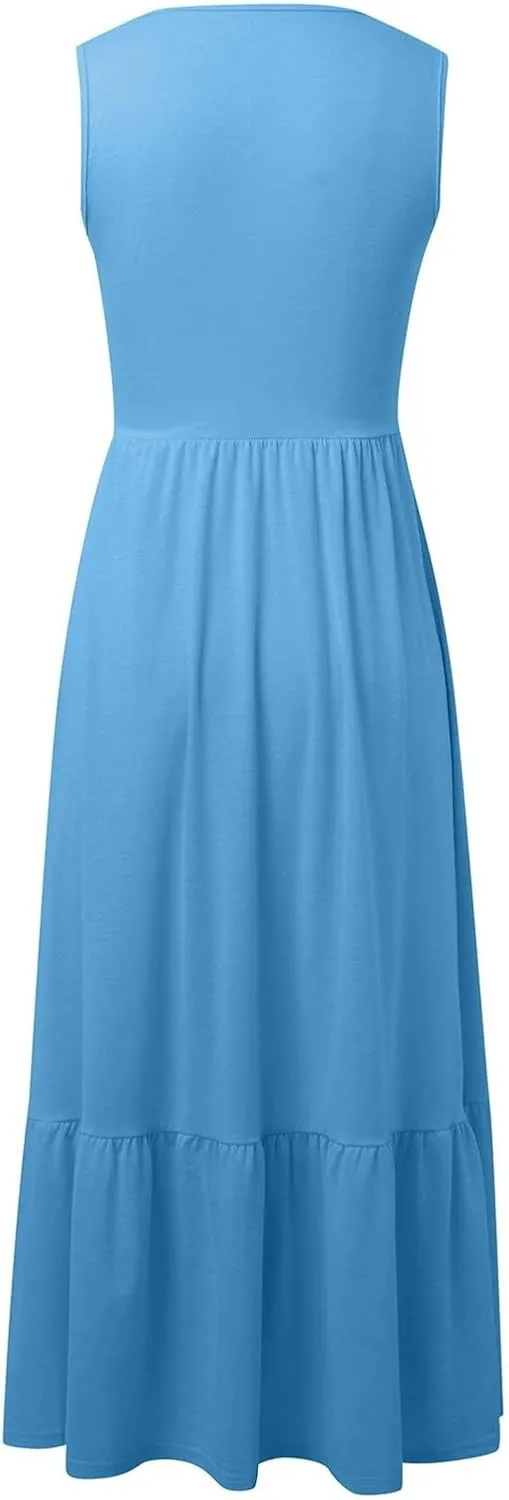 Women's Summer Dresses Sleeveless Casual Boho Maxi Long Dress Square Neck Smocked Floral Beach Vacation Sundresses 4