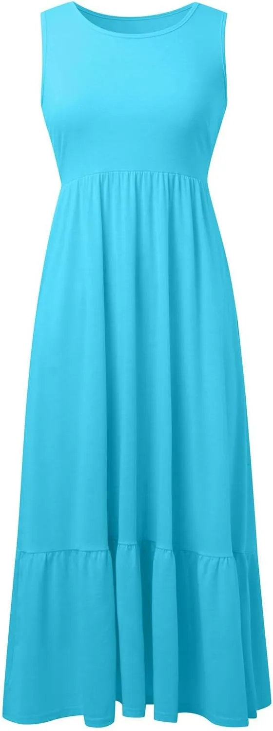 Women's Summer Dresses Sleeveless Casual Boho Maxi Long Dress Square Neck Smocked Floral Beach Vacation Sundresses 4
