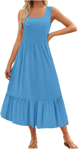 Women's Summer Dresses Sleeveless Casual Boho Maxi Long Dress Square Neck Smocked Floral Beach Vacation Sundresses 4