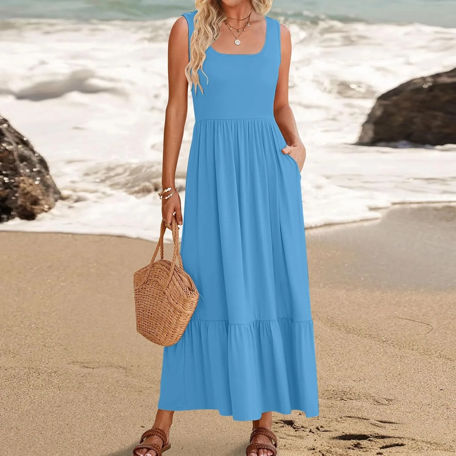 Women's Summer Dresses Sleeveless Casual Boho Maxi Long Dress Square Neck Smocked Floral Beach Vacation Sundresses 4
