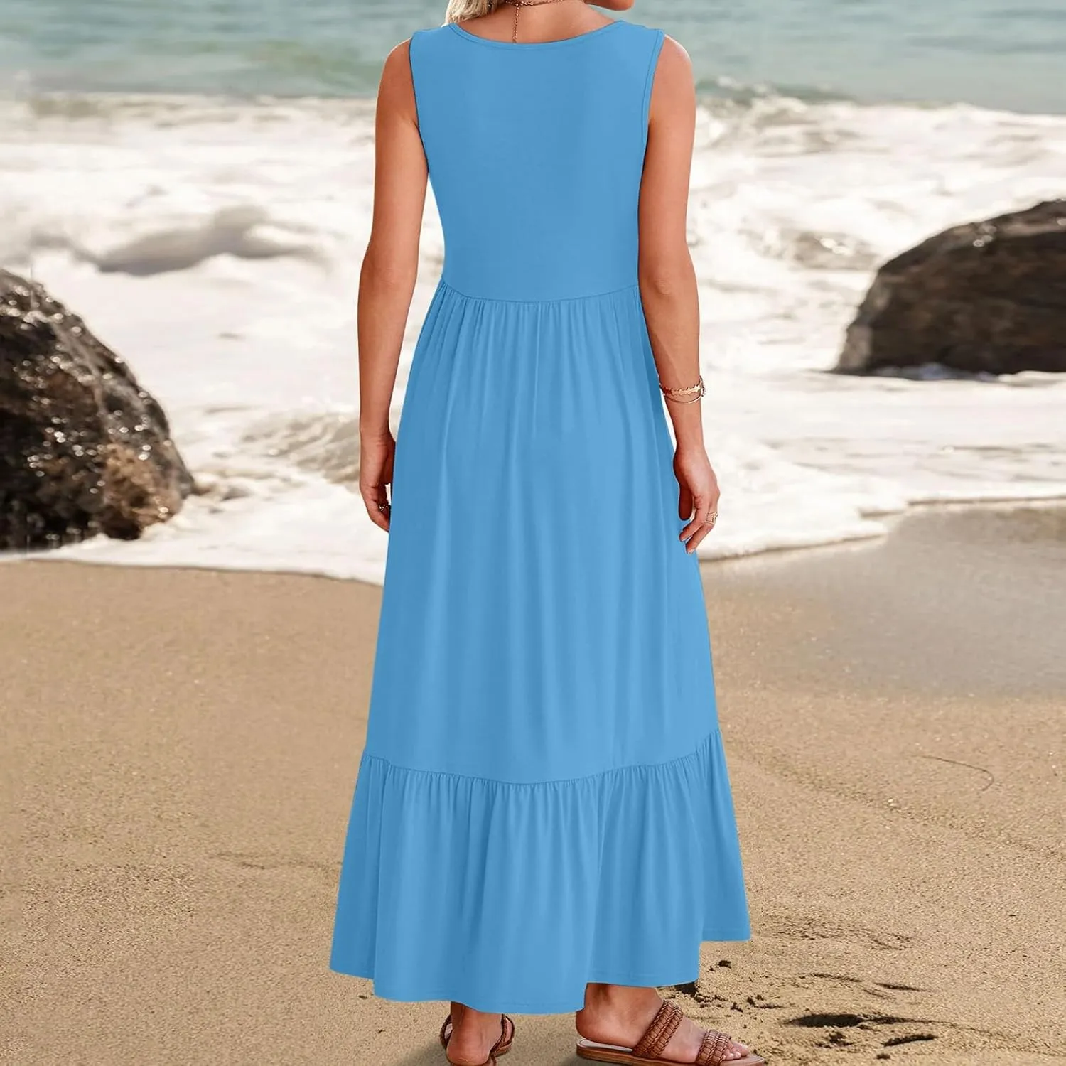 Women's Summer Dresses Sleeveless Casual Boho Maxi Long Dress Square Neck Smocked Floral Beach Vacation Sundresses 4
