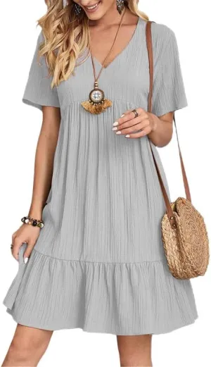 Womens Summer Dresses V-Neck Flutter Sleeve Flowy Short Dress Casual Mini Dress A-Line Ruffle Tiered Swing Dresses