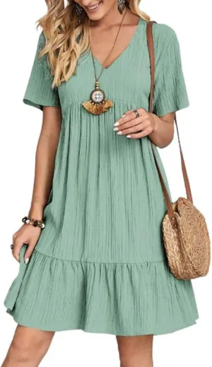Womens Summer Dresses V-Neck Flutter Sleeve Flowy Short Dress Casual Mini Dress A-Line Ruffle Tiered Swing Dresses
