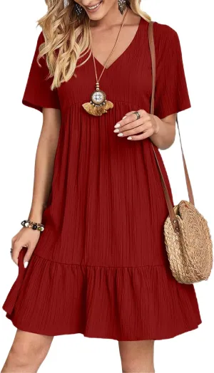 Womens Summer Dresses V-Neck Flutter Sleeve Flowy Short Dress Casual Mini Dress A-Line Ruffle Tiered Swing Dresses