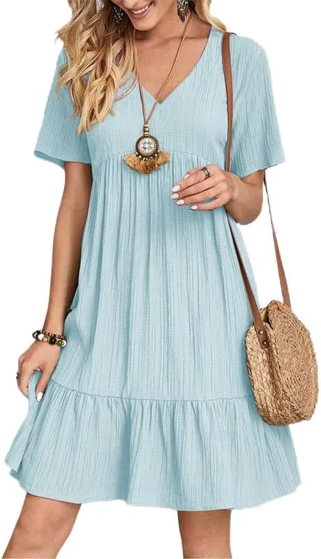 Womens Summer Dresses V-Neck Flutter Sleeve Flowy Short Dress Casual Mini Dress A-Line Ruffle Tiered Swing Dresses