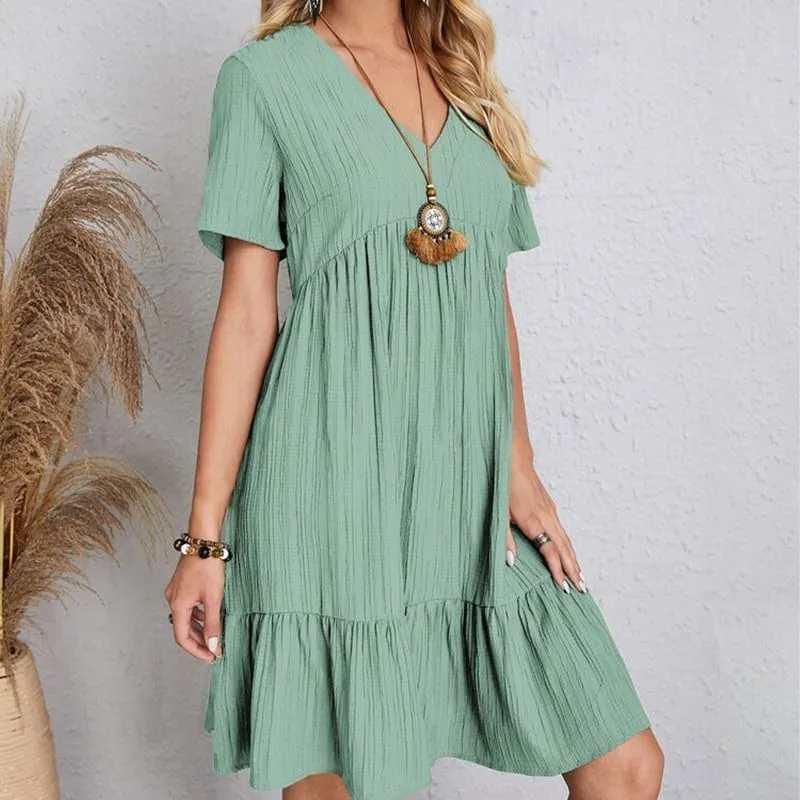Womens Summer Dresses V-Neck Flutter Sleeve Flowy Short Dress Casual Mini Dress A-Line Ruffle Tiered Swing Dresses