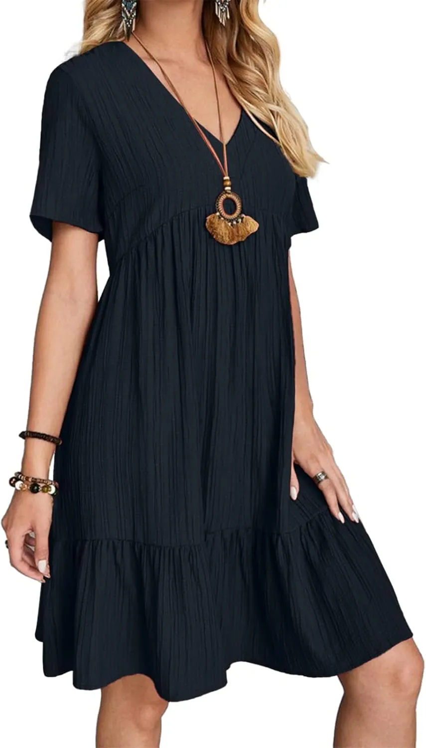 Womens Summer Dresses V-Neck Flutter Sleeve Flowy Short Dress Casual Mini Dress A-Line Ruffle Tiered Swing Dresses