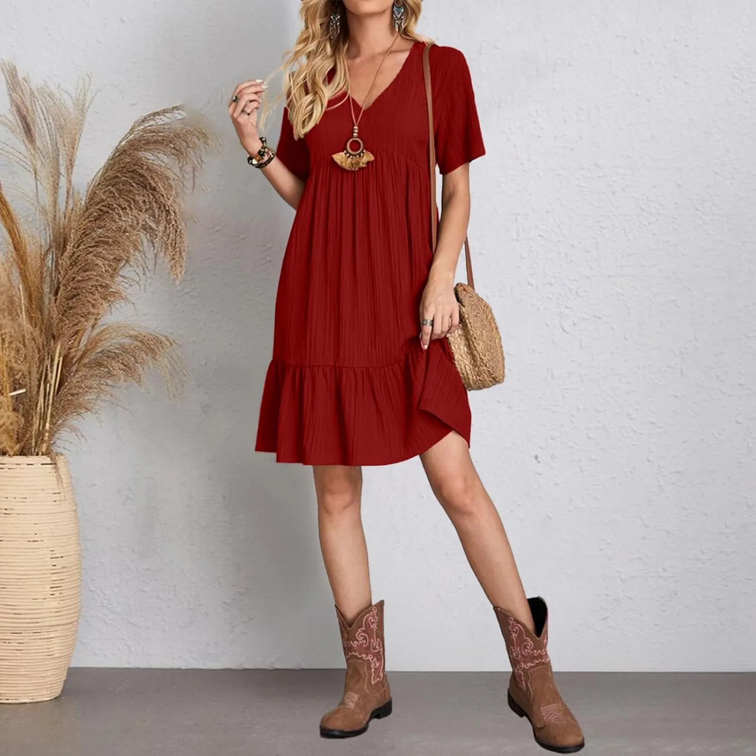 Womens Summer Dresses V-Neck Flutter Sleeve Flowy Short Dress Casual Mini Dress A-Line Ruffle Tiered Swing Dresses