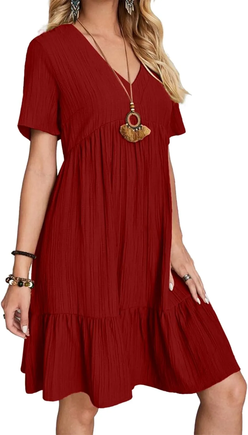 Womens Summer Dresses V-Neck Flutter Sleeve Flowy Short Dress Casual Mini Dress A-Line Ruffle Tiered Swing Dresses